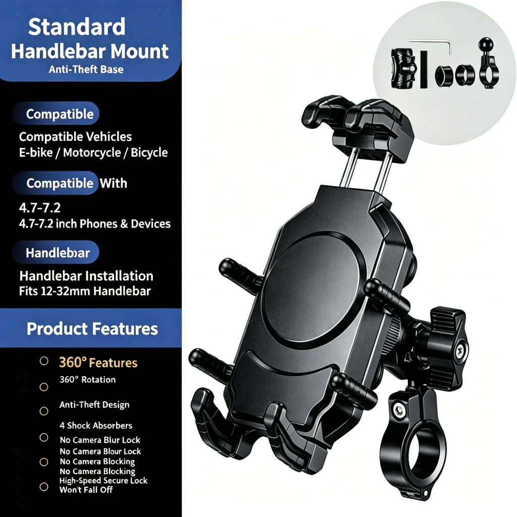 Motorcycle Phone Mount Holder Anti-Theft Shockproof 360° Rotation Handlebar for 4.7-7.2