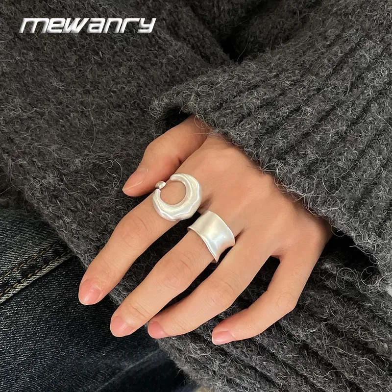 Mewanry Silver Color Scrub Moon Wide Ring For Women Couples Trendy Simple Classic Elegant Temperament Wedding Bride Jewelry Gift