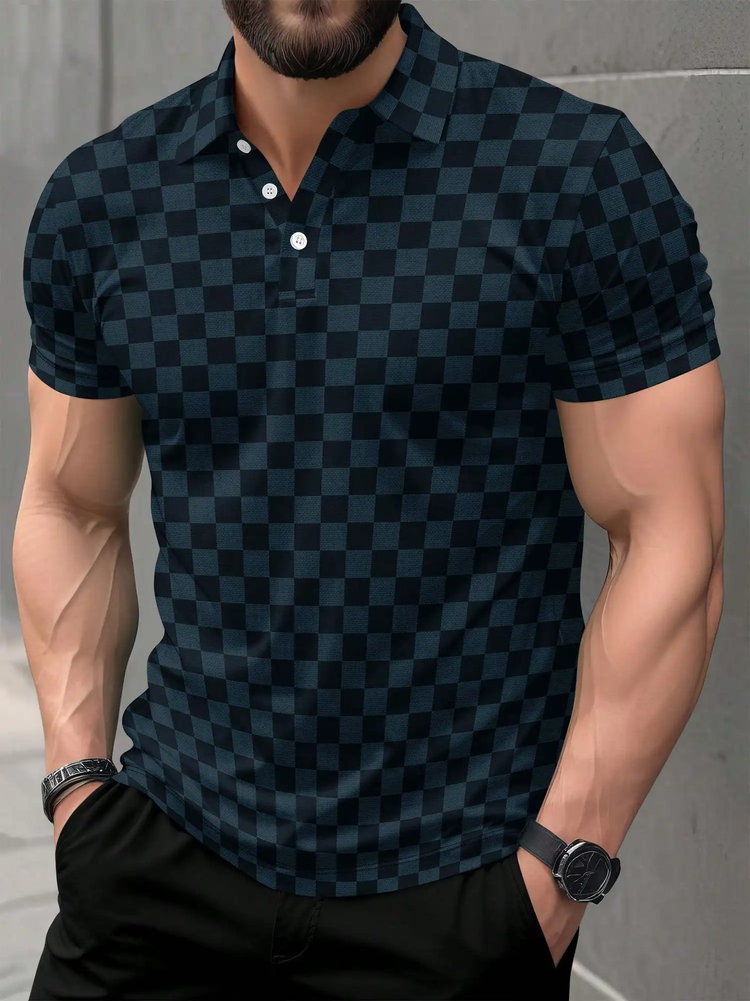 

Men's Short Sleeve Checkerboard Pattern Polo Shirt for Casual Summer Wear