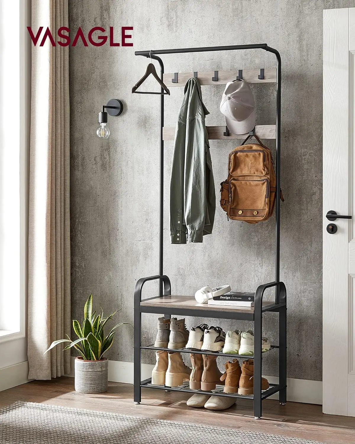 

Coat Rack, 4-in-1, with 9 Removable Hooks, a Hanging Rod, 13.3 x 28.3 x 72.1 Inches, Greige and Black