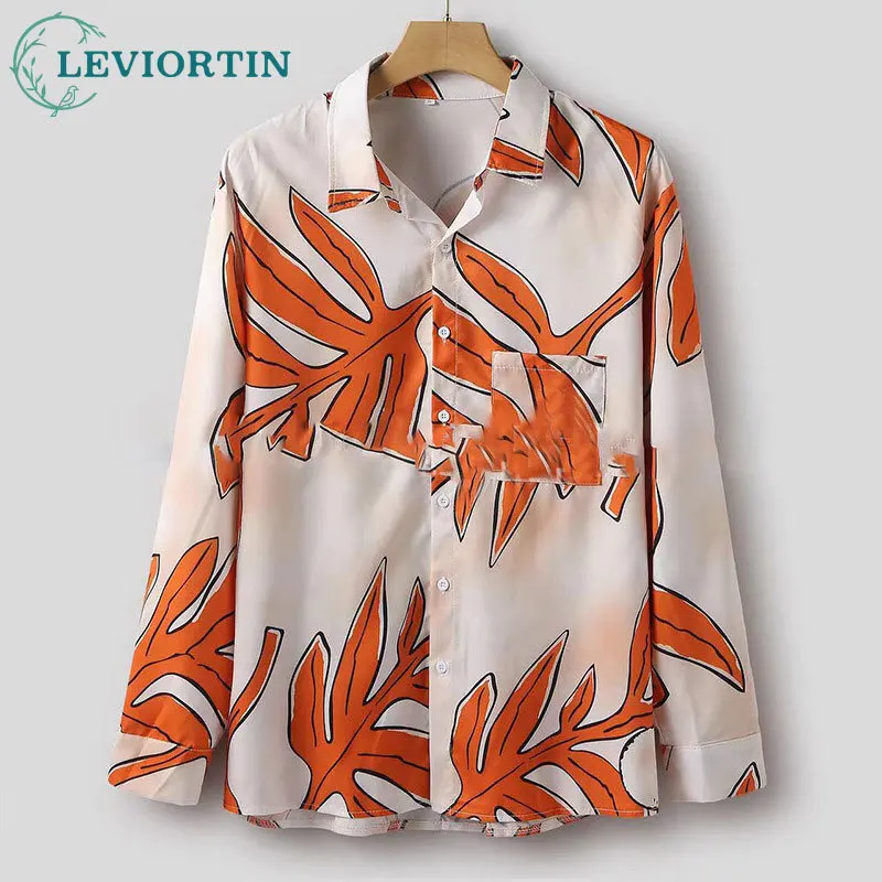 2025 Spring and Autumn New European and American Men's Leisure Beach Big Maple Leaf Comfortable and Versatile Long Sleeve Shirt