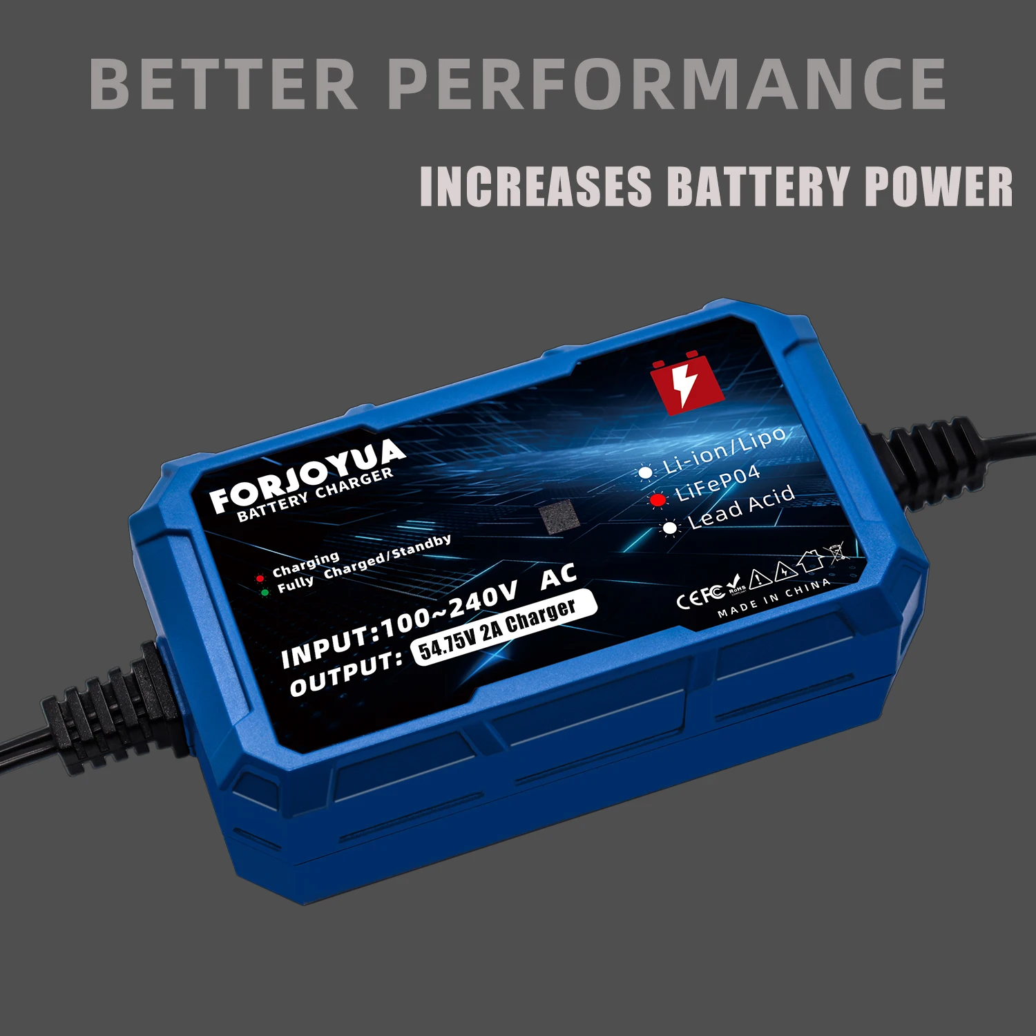 QDD 54.75V 2A LiFePO4 Battery Charger for 15S 48V Batteries LiFePO4 Battery Charger with 3P-XLR Connectors