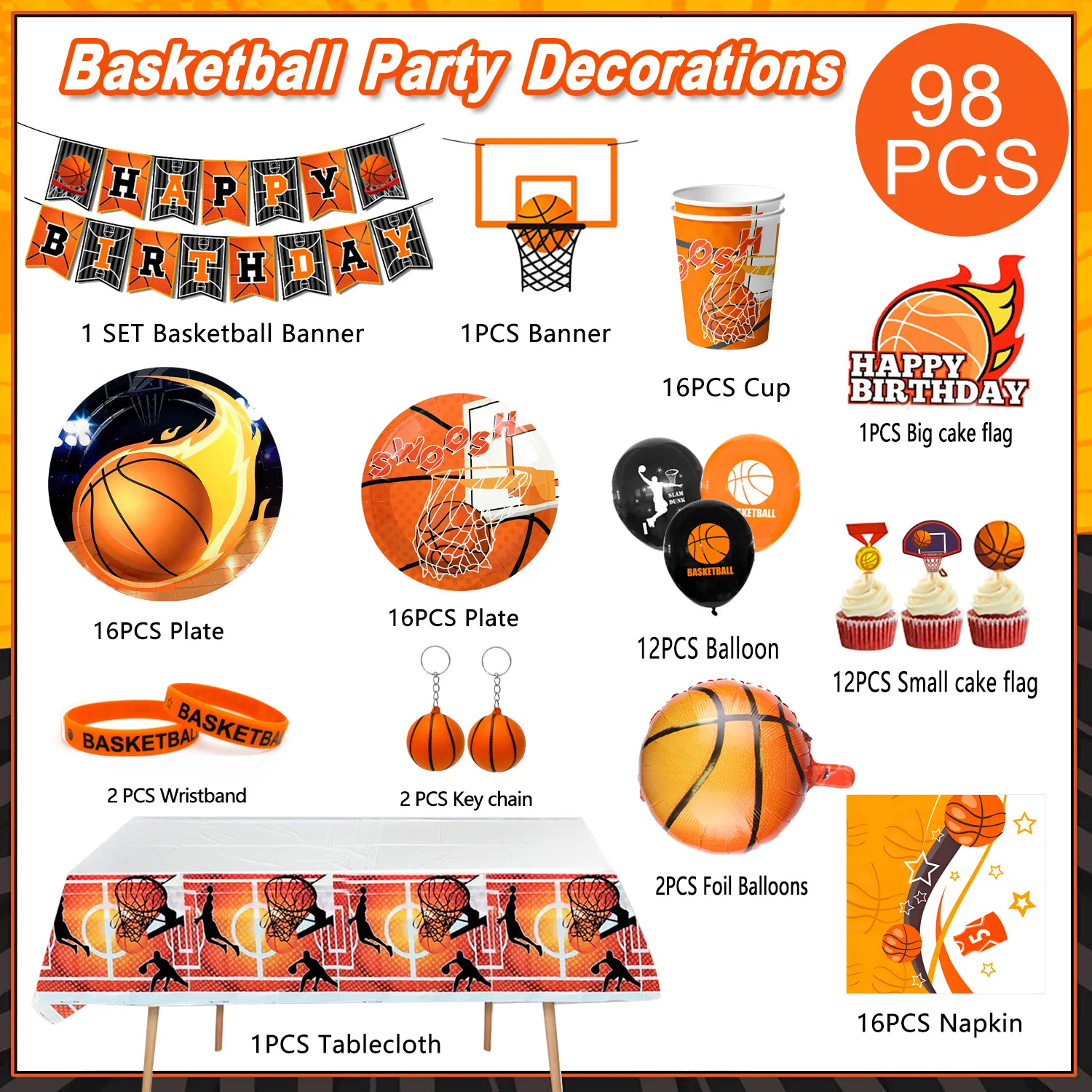 Basketbal verjaardagsdecoraties, 98 stuks basketbal feestartikelen en decoraties set - ballonnen banner tafelkleed platen ect