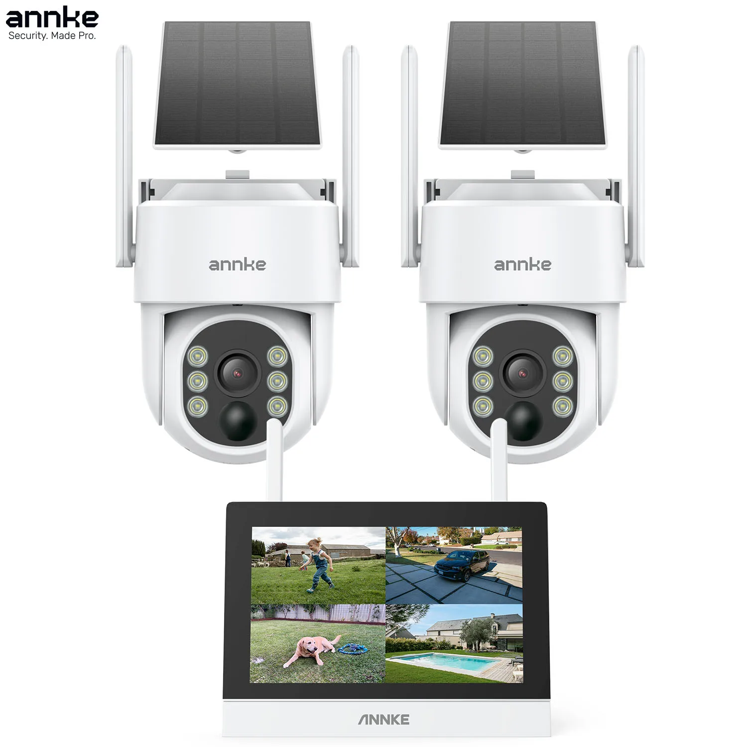 Système de caméra de sécurité sans fil ANNKE 4CH avec moniteur 7', 2 caméras solaires PTZ extérieures 4MP, sécurité domestique sans fil, détection de personne par IA, vision nocturne couleur, audio bidirectionnel, visualisation à distance