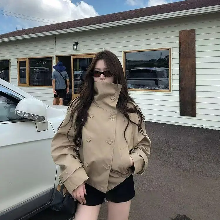 

Корейская ретро хаки, двубортная короткая ветровка с воротником-стойкой, женская мода, британский стиль, винтажный кардиган 2000-х годов, куртка, пальто