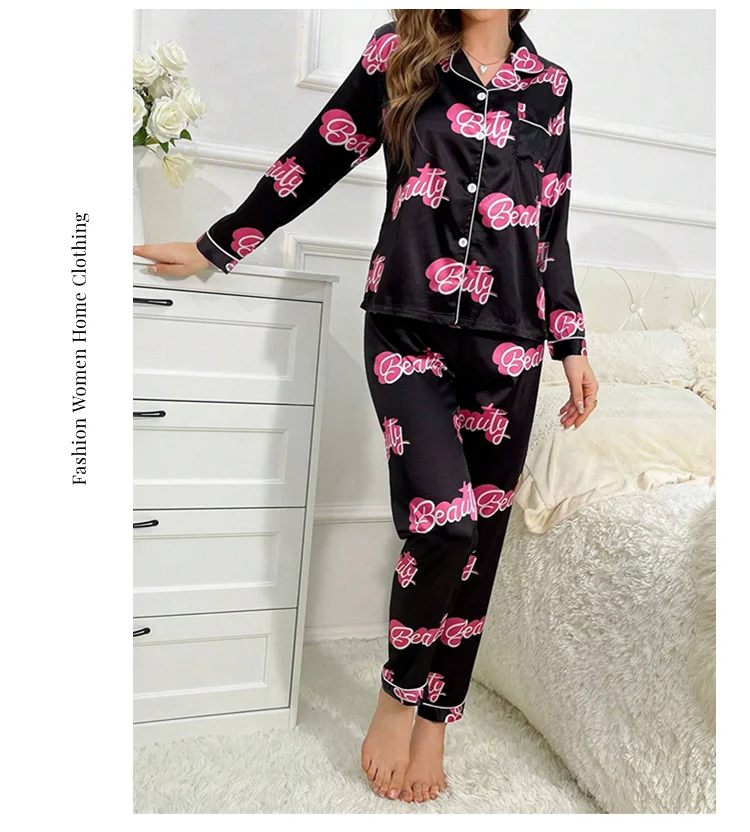 Niedlicher Pyjama mit Katzenmuster für Damen, Satin, langärmelig, Reverskragen, Oberteile und Hosen, Pyjama-Loungewear für Herbst, Damen-Nachtwäsche, Pyjama-Sets – Detail 6