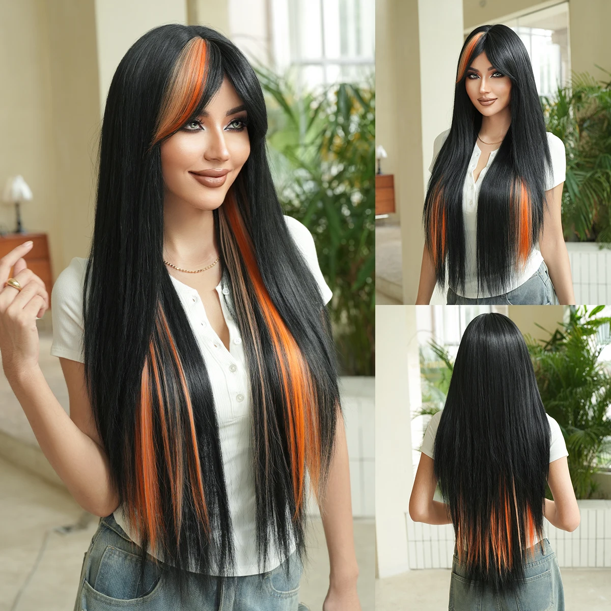 

NAMM Long Straight Black Wig for Women Natural Synthetic Highlight Orange Loose Layered Hair Wigs with Curtain Bangs Cosplay Wig