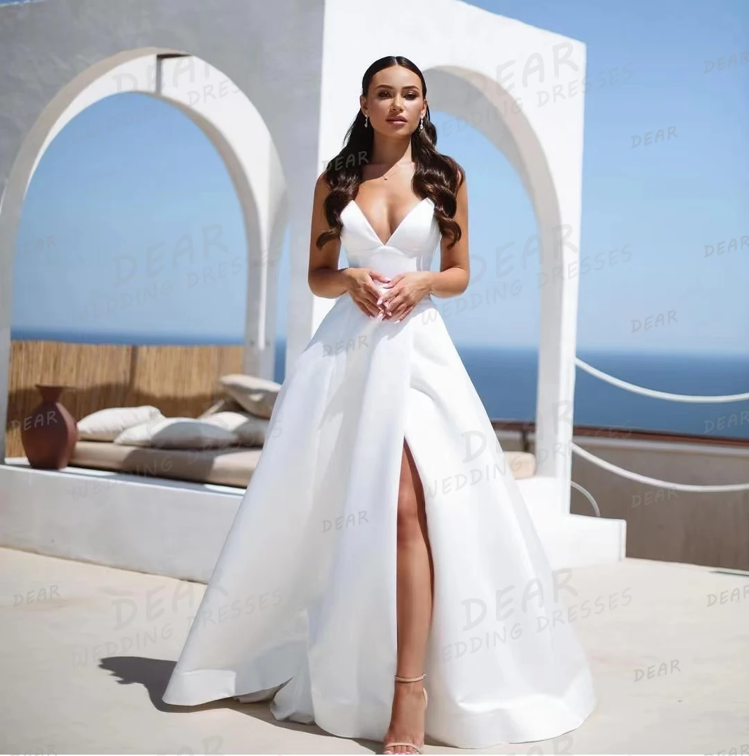 Simple Wedding Dresses A Line Woman's V Neck Bridal Gowns Sexy Sleeveless Split Pleat Satin Fashion Formal 2024 Robe De Mariée