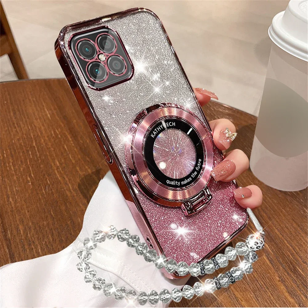 Glitter Crystal Bracelet Phone Holder Case For Samsung S25 S24 S23 Ultra S21 S22 Plus S20 FE S10 Stand Bracket Silicone Cover