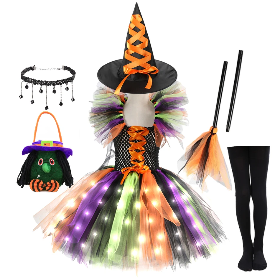 Halloween Cosplay Witch Girl Dress Luminous LED Costume Kids Children Carnival Vestidos Party Witch Lights Up Dress