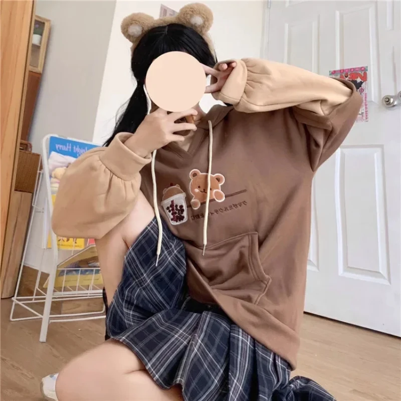 Women\'s Harajuku Fashion Hoodie, Cute Bear Anime Sportswear, Girl Aesthetic, Long Sleeve, Winter, New, 2024