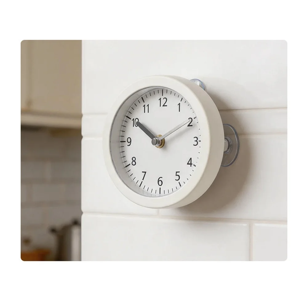 Waterproof Wall Clock with Suction Cup for Bathroom Kitchen Easy Mount Silent Sweep Second Hand White 13.6x13.6cm