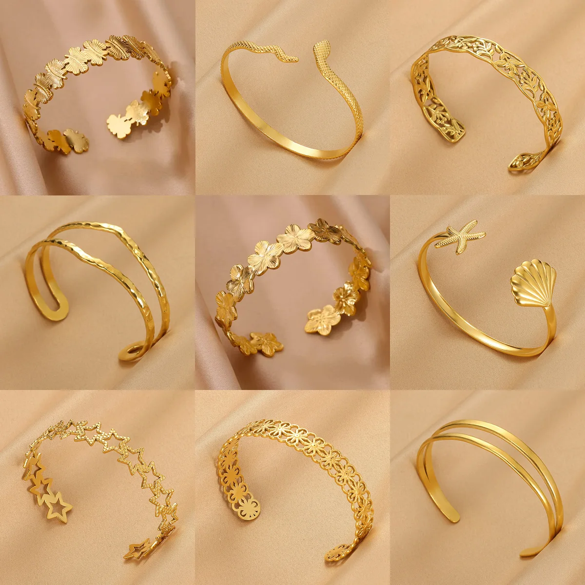 Blume Manschette Armband Armreif für Frauen Gold Farbe Doppel Schicht Edelstahl Shell Armreifen Ästhetische Paar Handgelenk Schmuck Geschenke