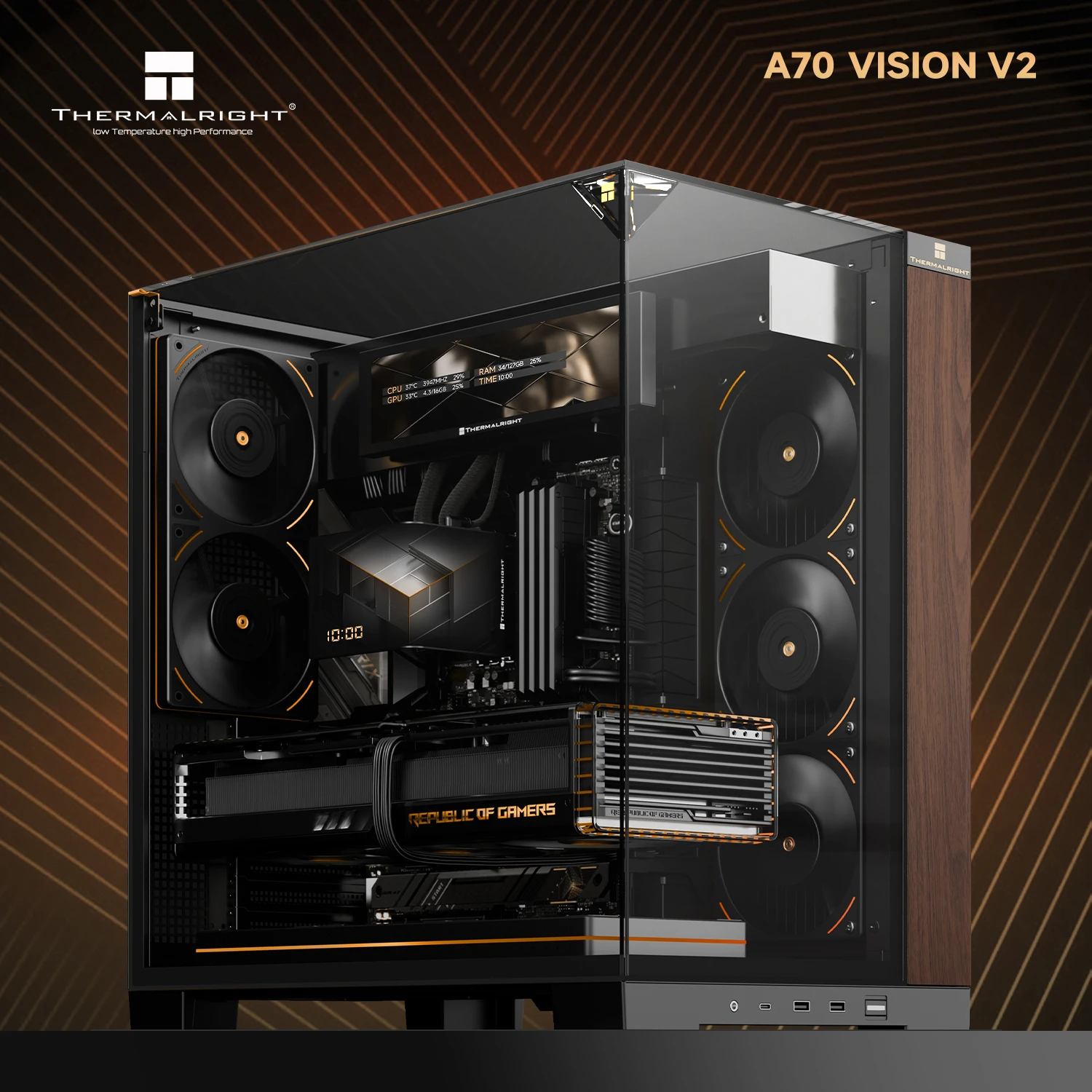 Thermalright A70 VISION V2 Wood Grain Desktop Computer Case 3-Side Tempered Glass Sea View Room Chassis with 9.16 Inch LCD Scree