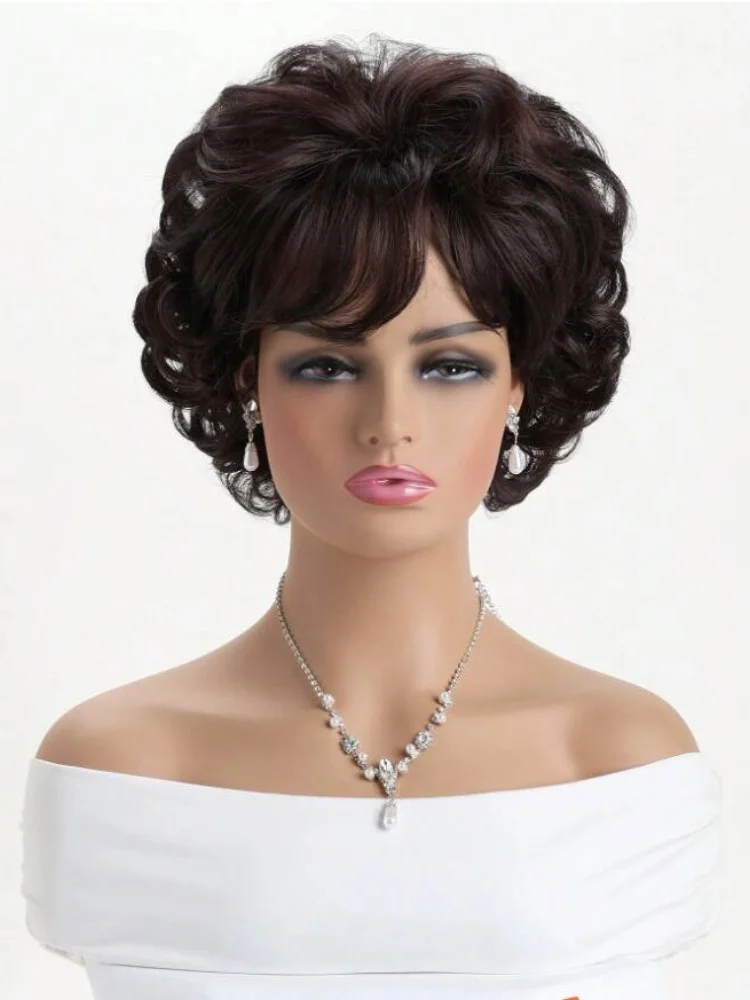 Dark Brown Short Curly Wavy Wig with Hair Bangs 100% Imported Premium Synthetic Fashion Brown Hair Wigs for Women (Brown)