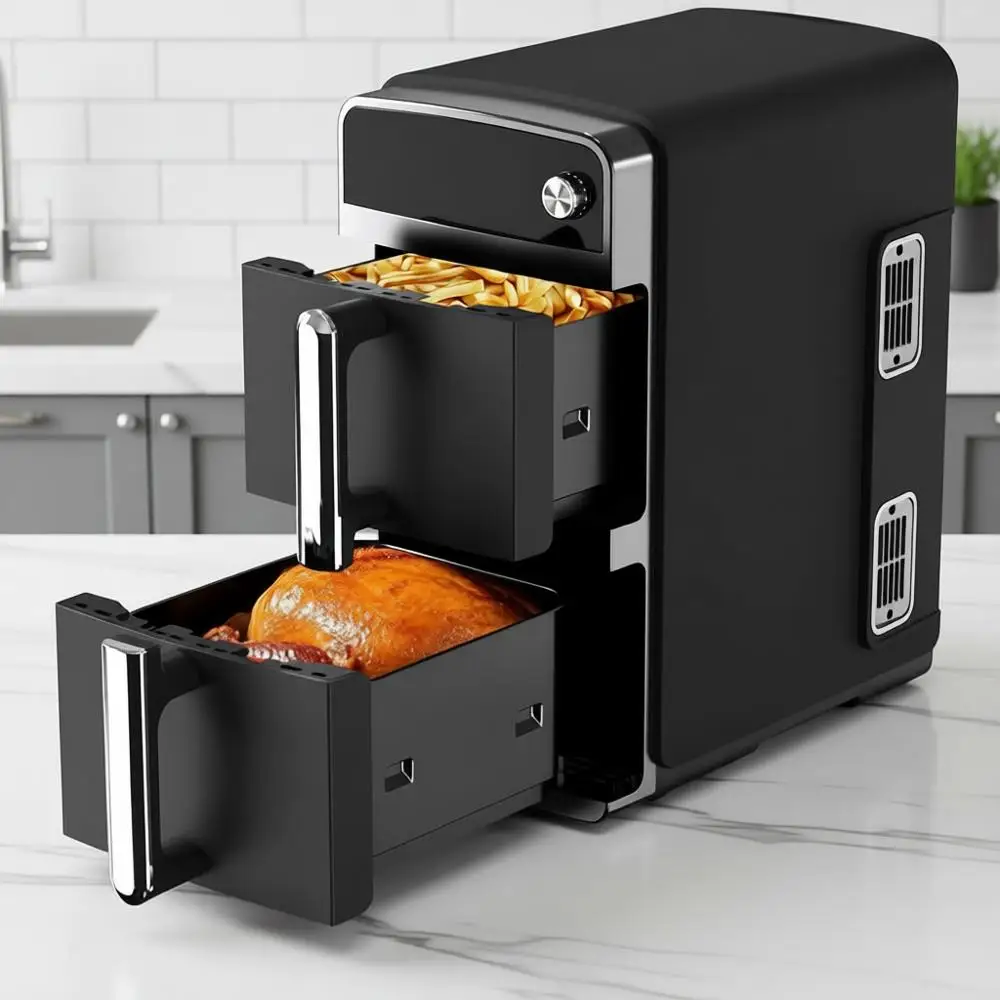 

Двухслойная аэрофритюрница-духовка, емкость 6QT×2, конструкция с 2 корзинами, функция 7-в-1: жарка на гриле, запекание, приготовление на пару, разогрев, сушка, обжарка воздухом.