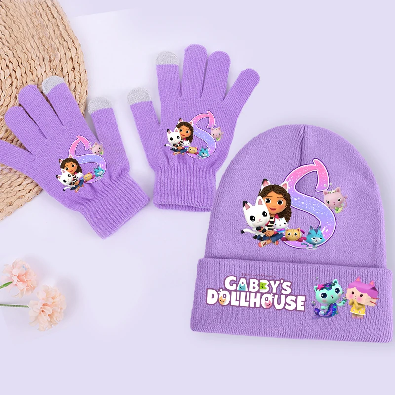 Gabbys-Conjunto de guantes y sombreros para casa de muñecas para niña, gorros de A-Z con letras bonitas, manoplas tejidas cálidas para invierno, guantes de dibujos animados, gorro de punto, 2 uds.