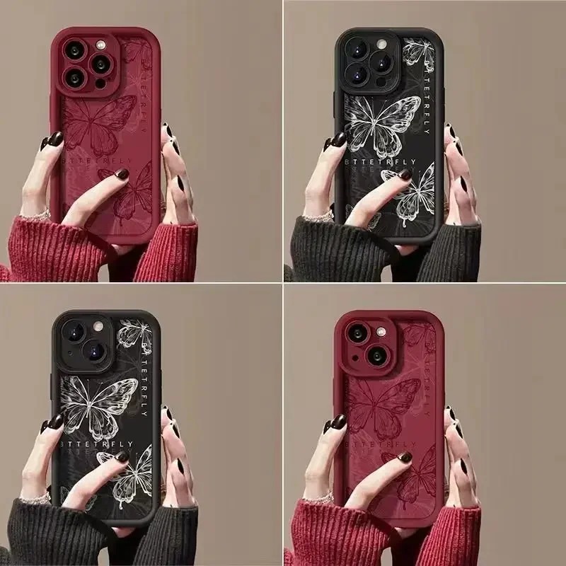 Funda de silicona retro roja con mariposa para parejas para iPhone 11 12 13 14 15ProMax XS XR 7 8 Plus SE20, con protección de lente de cámara 6
