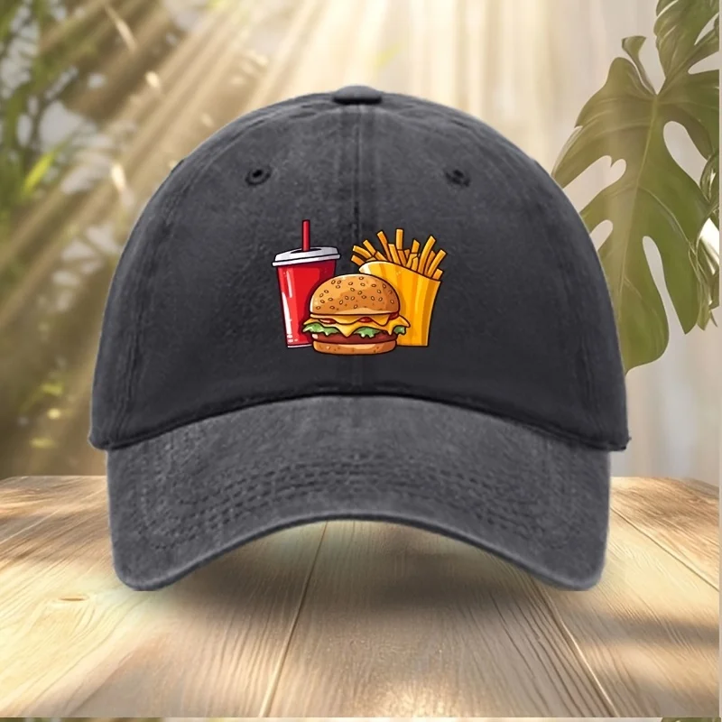 1 Stück Baseballkappe mit Fast-Food-Print (Hamburger/Pommes/Frühlingsgetränk) – leichte Unisex-Form, lässige Outdoor-Mütze mit Hamburger-Motiv