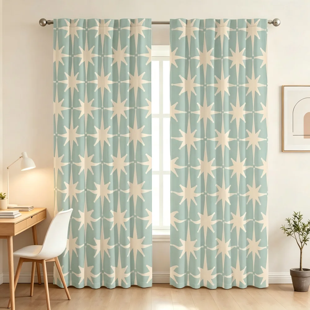 2PCS Digital Print Curtains, Mint Star Pattern, Mid Century Modern