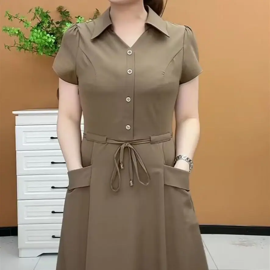 

2024 New Vintage Solid Color Short Sleeve Autumn Dress Drawstring Office Women's Work Dress Fashion Women's Casual Dress L112