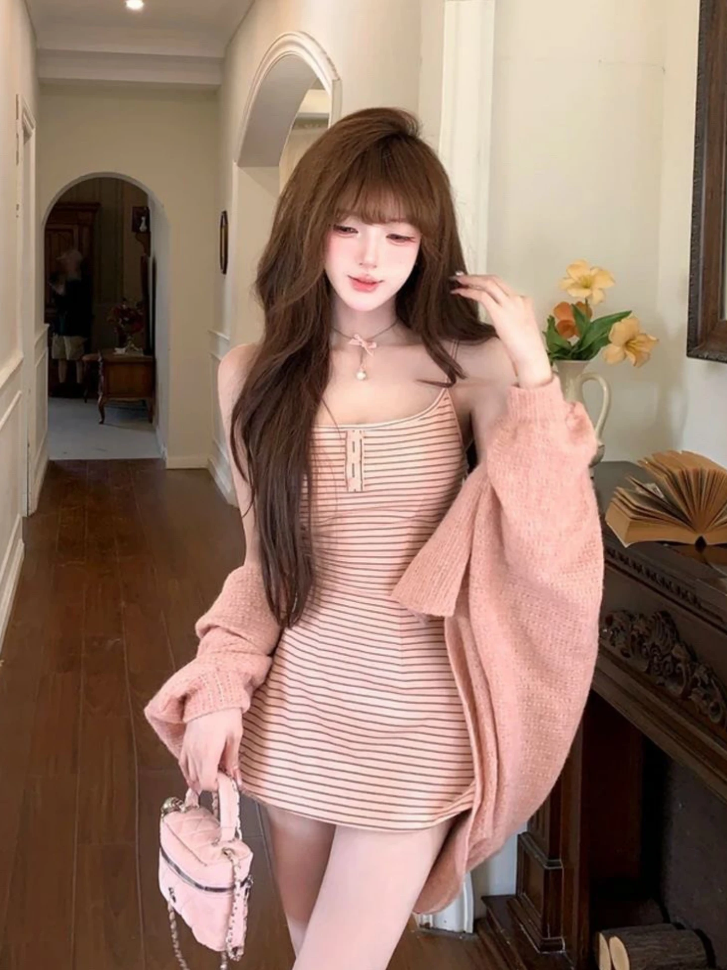 

Korean Sle Sweet And Spicy Girl Set Women's Pure Desire Sexy Striped Strap Dr Long Sve Knitted Open Cardigan Two Piec...
