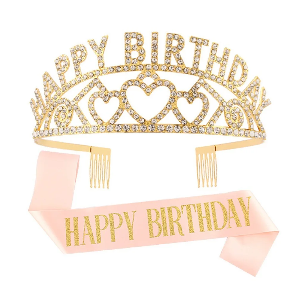 Alles Gute zum Geburtstag, Tiara und Schärpe, Roségold, glitzernde Satin-Schärpe und Stirnband für Mädchen und Frauen, alles Gute zum Geburtstag, Party-Dekorationen, Zubehör – Detail 5