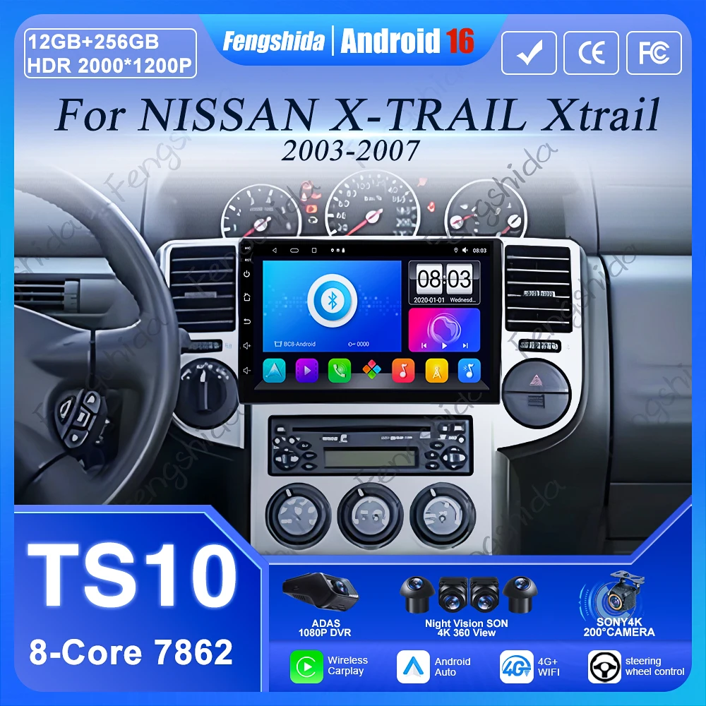Radio para Auto Android 16 para NISSAN X-TRAIL Xtrail 2003-2007, Reproductor Multimedia con Carplay, GPS, Navegación, Cámara Trasera y Pantalla