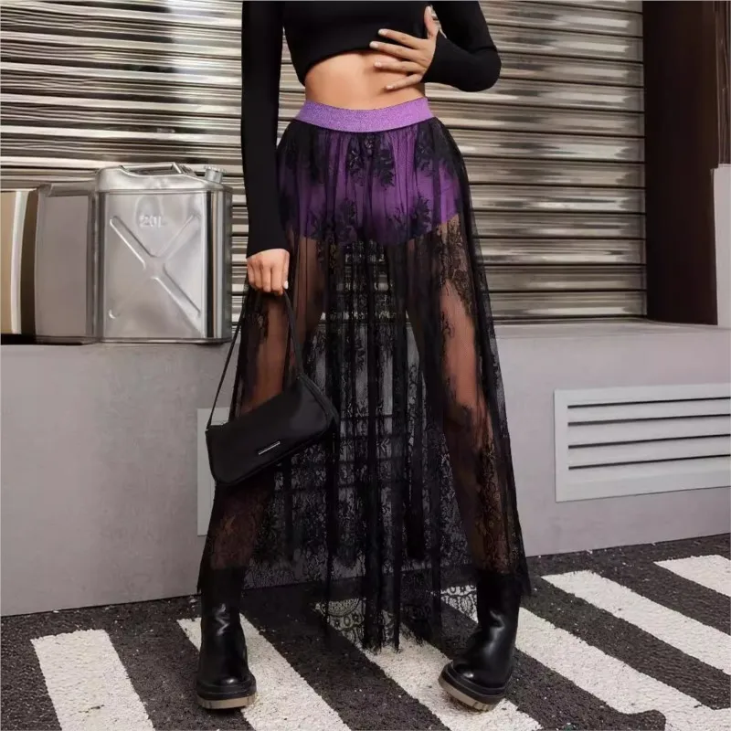 

Женская длинная юбка макси с высокой талией, прозрачная, жаккардовая, с защитными шортами, модная, сексуальная, из сетки, с вышивкой и кружевом