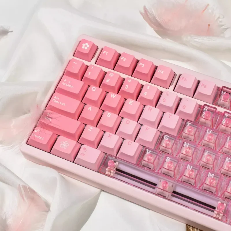 Sakura Theme Keycap 209Key PBT+PC Custom Cute Pink Transparent Keyboard Cap Cherry Profile Gaming KeyCap for Mechanical Keyboard