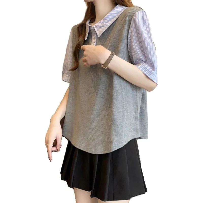 

Women's Fake Two-Piece Top Grey Knit Vest with Striped Collared Shirt Short Sleeve Casual Preppy Style BlouseYY244