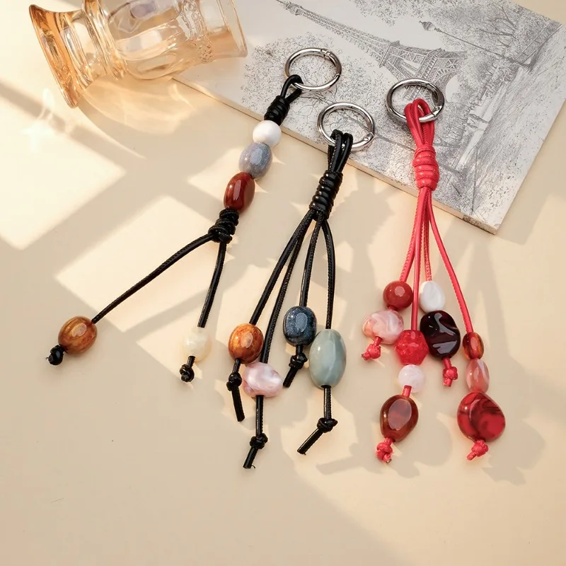 

Creative Acrylic Colorful Beaded Mobile Phone Pendant Retro Hand - Woven Leather Cord Backpack Pendant for Unique Style