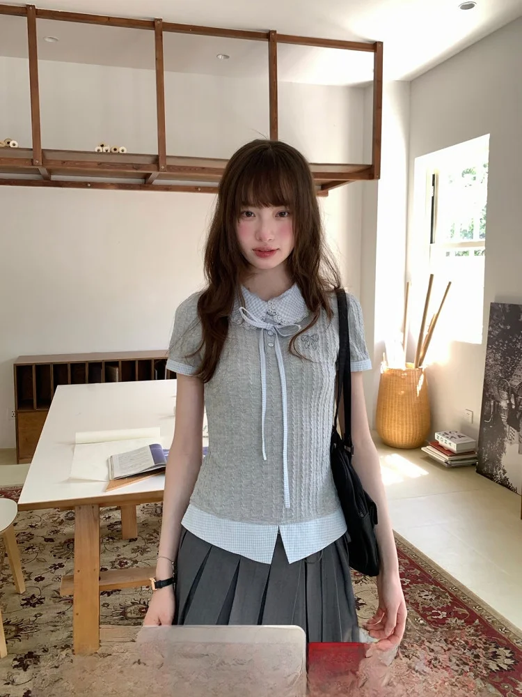 

Gray Cheese Day Sweet Academy Style Top And Skirt Set Women's Slimming Commute Unique Vintage Summer Fashion Ensemble