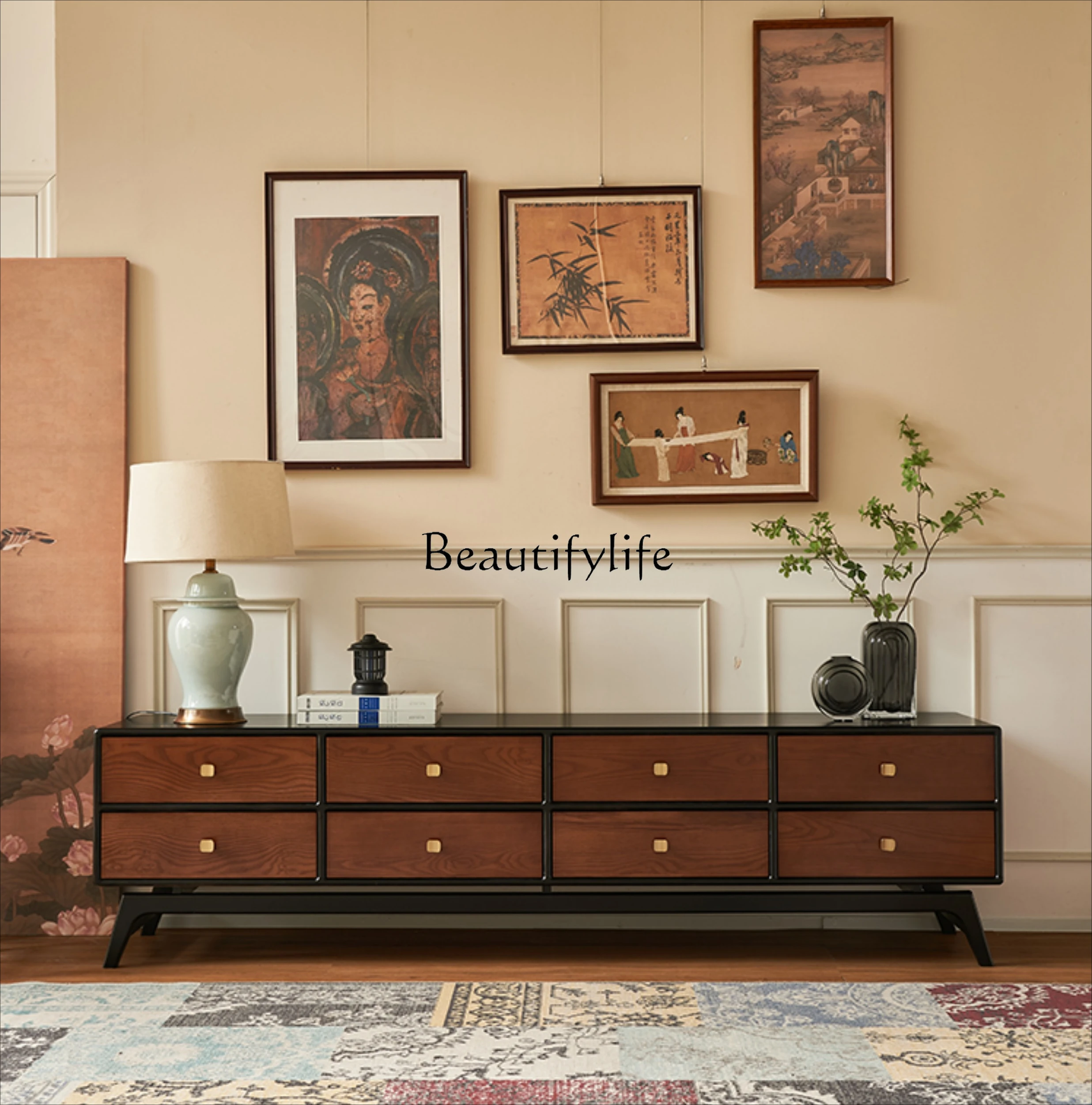 

French retro solid wood TV cabinet household living room storage floor drawer contrasting color audio-visual cabinet