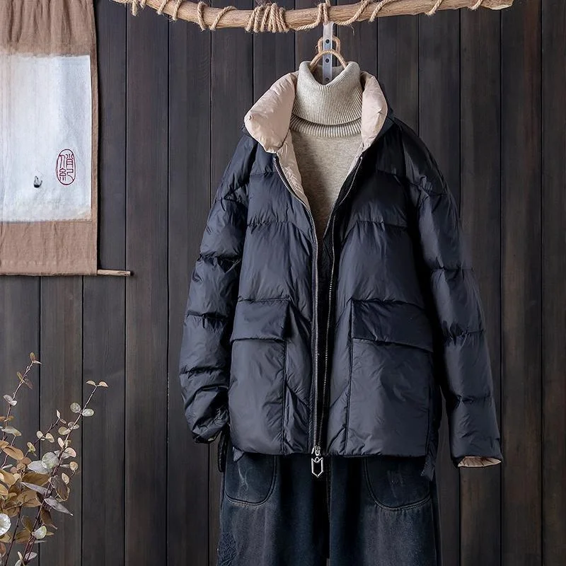 

Теплая женская зимняя куртка из пуха с большими карманами, повседневная, прямого кроя, однотонная, белая, из натурального пуха.