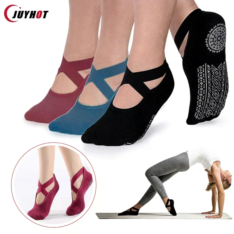 Yoga Socks for Women Non-Slip Grips & Straps, Bandage Cotton Sock, Ideal for Pilates Pure Barre Ballet Dance Barefoot Workout