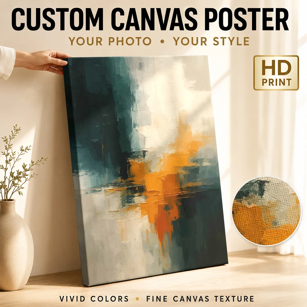 Teal Cream And Ochre Color Blocks Canvas Poster Personalized Photo Layered Abstract Composition Wall Art For Office Reception