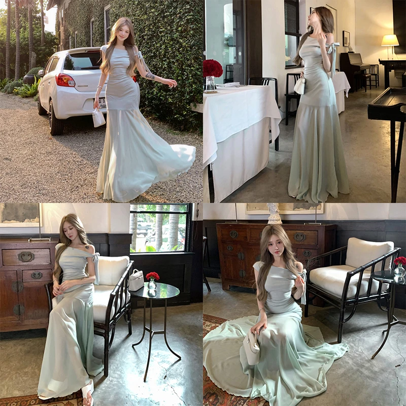 النمط الفرنسي الأخضر خارج الكتف فستان طويل المرأة شاطئ البحر عطلة شبكة المرقعة فساتين ماكسي