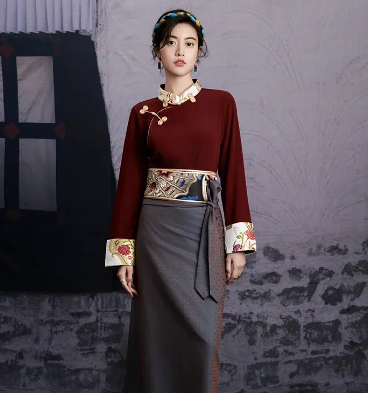 

Китайская винтажная женская осенняя рубашка Xizang с воротником-стойкой и пуговицами