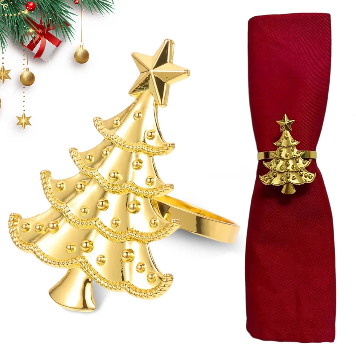 6 PCS Napkin Rings Set for Christmas Winter Wedding, Gold Christmas Tree Metal Home Table Decorations, for Kitchen Banquet
