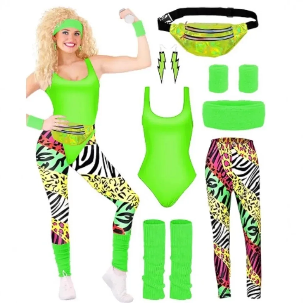 

80s Neon Leotard 7-Piece Set Retro Aerobics Fitness Jumpsuit