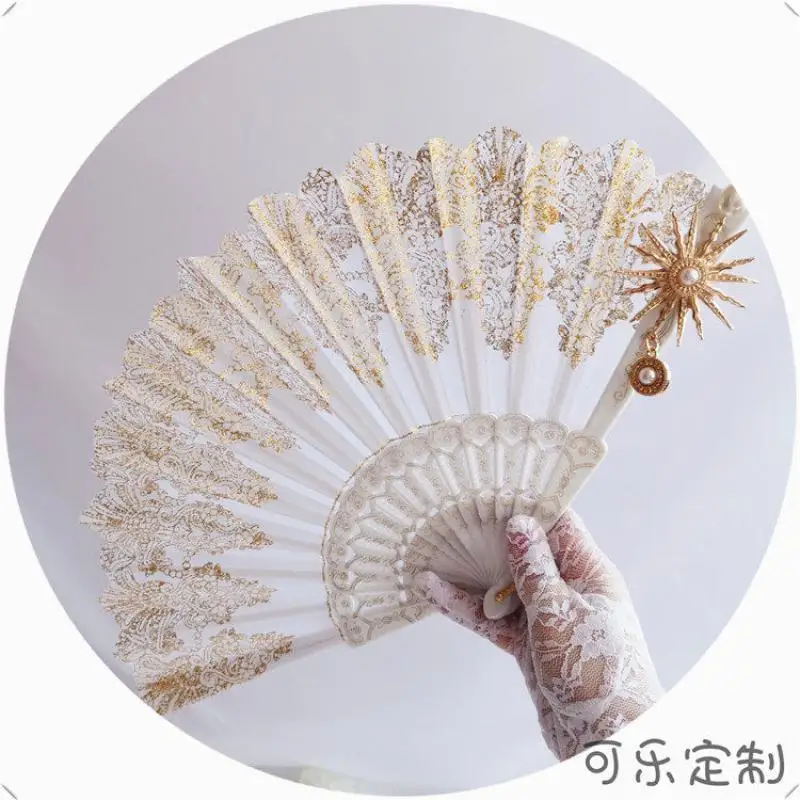 hand made lolita lace Gold-embossed fan European style Court Dance fan quadratic element Lolita Anime cosplay crafts
