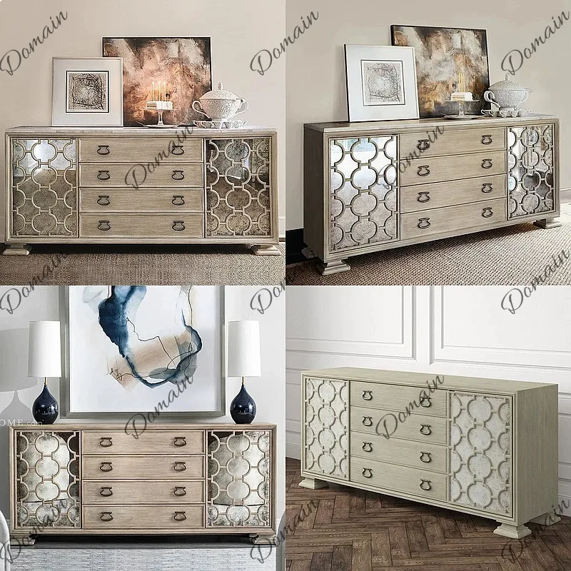 French Distressed Solid Wood Sideboard with Marble Top, Vintage Storage Cabinet for Dining Room Living Room