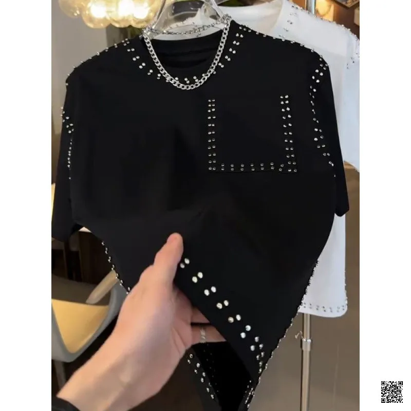 Trendy Men's New Fried Street Heavy Rivet Short-sleeved T-shirt Male Student Korean Version Loose-slimming Large-size Blouse - Detail 1