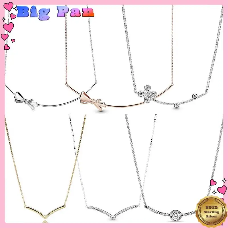 

S925 Sterling Silver Sparkling Wishbone Bow Colver For Women Neck Chain Fit Original Pendant Necklace Women Diy Jewelry 2025