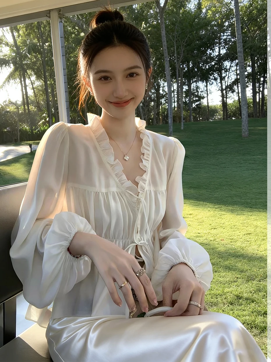 

Женская шелковая рубашка с защитой от солнца, тонкий кардиган с рукавами-фонариками, летнее платье-халтер, накидка, шифоновый топ с кружевной отделкой