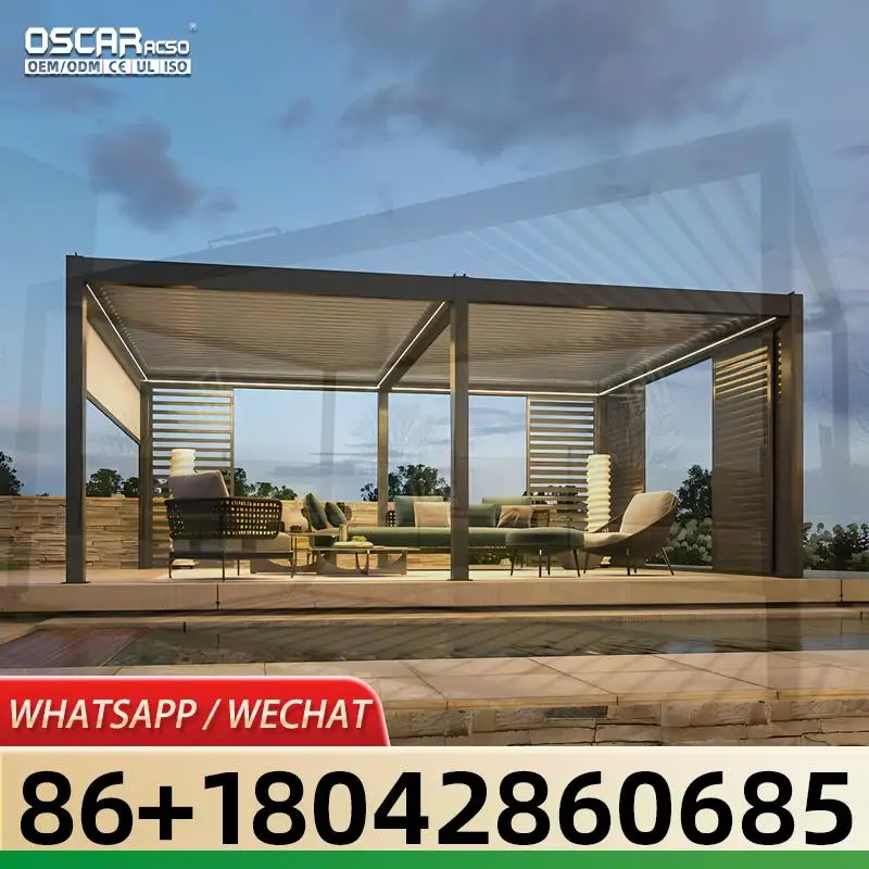 Motorized Aluminum Retractable Louvre Roof Bioclimatic Shade Structure for Garden Patio Balcony pergola