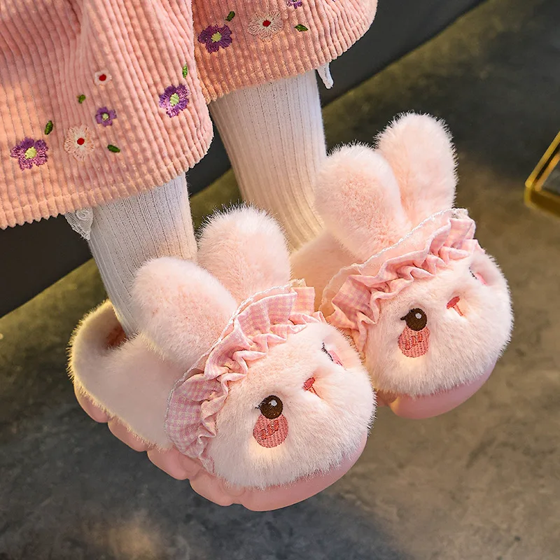 Cute Cartoon Rabbit Furry Indoor Slippers Children 2025 Winter Warm Long Plush Slippers Warm Long Plush Children's Home Slides