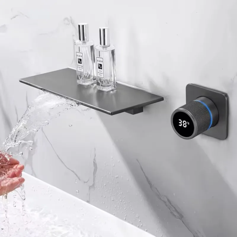 

Contemporary Square Brass Bathroom Faucets Led Temperature Digital Display Waterfall Extension Face Basin Mixer Faucet