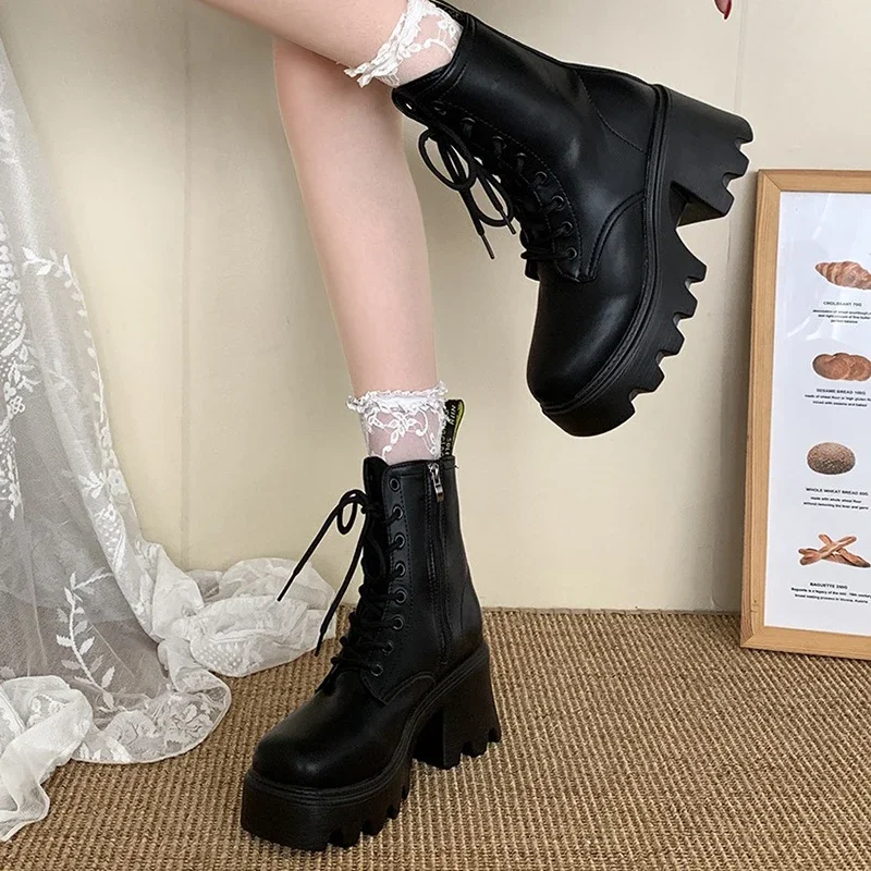 Winter Platform Women Motorcycle Boots Fashion Elegant Lace Up Shoes Thick Heel Vintage Women\'s Morder Short Booties